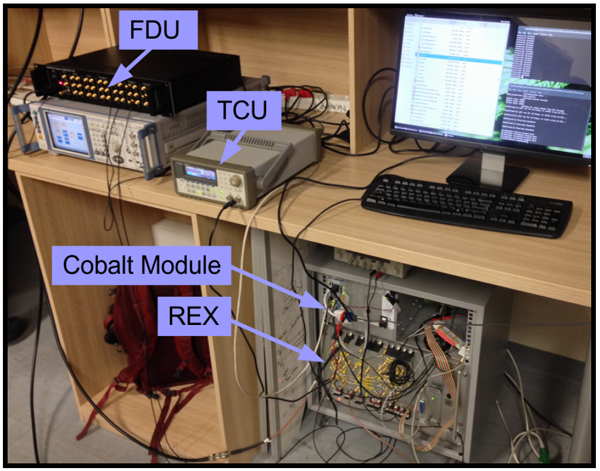 Figure 4. The hardware testing setup for the low-power prototype. Labeled are the frequency distribution unit (FDU), the timing control unit (TCU), the Cobalt module, and the receiver exciter (REX)