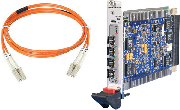 Figure 1. Pentek's Cobalt Model 52611 Quad Serial FPDP 3U VPX module supports four full-duplex LC optical cables for connections between chassis, each operating at over 400 MB/sec.